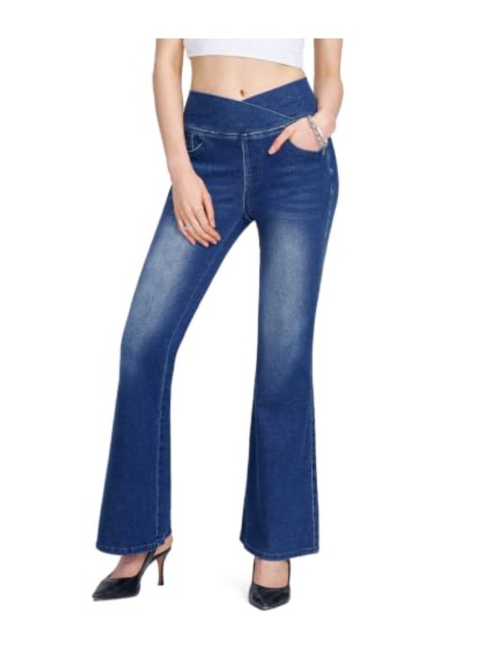High Waisted Pull On Flare Jeans Womens Stretchy Cotton Denim Tummy Control